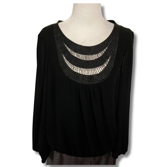 MAX STUDIO Black detailed scoop neck semi-sheer shirt ~ SMALL MEDIUM blouson top - Picture 1 of 16
